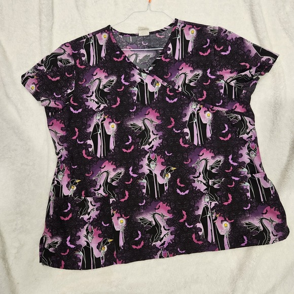 Disney Villains Scrub Top Womens 2XL Purple Maleficent Short Sleeve Nurse Work - Picture 1 of 3